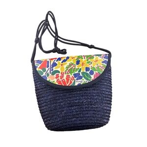 Vintage 90's Ken Done Straw Vinyl Colorful Blue Handbag Purse Floral Tropical